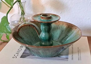JB Cole Pottery Vintage Candlestick Holder Unique Glaze North Carolina Green - Picture 1 of 6