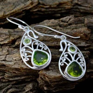 925 Silver Peridot Dangle Earring Green Pear Stone Fine Jewelry - Picture 1 of 4