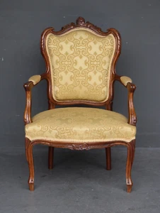 Antique 1870 original French Louis XV solid walnut carved fauteuil armchair silk - Picture 1 of 9