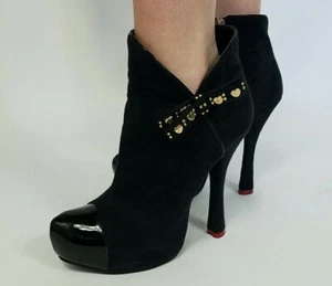 Love Moschino Size 37 US 7 Black Ankle Boots Heart Heels Stiletto Bow Suede Sexy - Picture 1 of 11