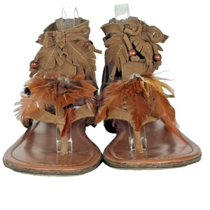 MINNETONKA Brown Leather T-Strap Fringe Tassel Gladiator Sandals Feather Size 8 - Picture 1 of 11