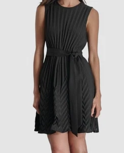 Abito donna DKNY nero scollo gioiello senza maniche cravatta-vita plissettato taglia 16 - Foto 1 di 3