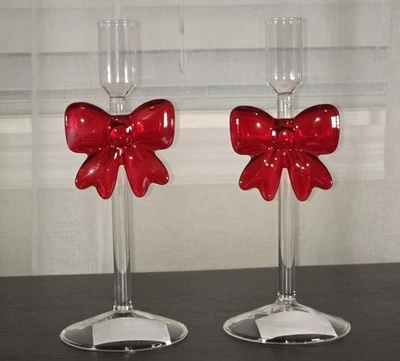 NUEVO Candelabro Cónico Navidad Vidrio Transparente Holiday Time con Arco Rojo Juego de 2 Foto 1 de 4