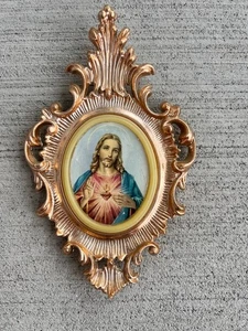 Vintage italienische Herz Jesu Wandrelief - Gold Barock Rahmen 7" ITALIEN - Bild 1 von 5