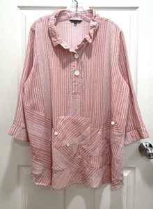 JOHN MARK Tunic Top Women XL Pink White Stripe Popover 3/4 Sleeve Wire Collar - Picture 1 of 7