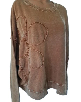 NWT Easel Daisy Patch Mineral Wash Cotton Top Brown Womens Large Oversized - Image 1 of 4