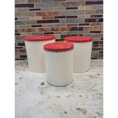 3 Vintage Canisters, Metal Kitchen Tins Red & Cream Farmhouse Primitive - Image 1 of 4
