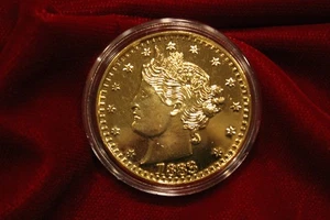 GOLD PLATED 1883 V NICKEL 40mm GOLD PLATED 1-OZ COPPER , STAMPED COPY FANTASY - Picture 1 of 2