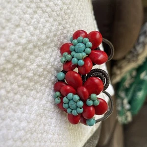 Unique handmade turquoise red coral floral bracelet on brown beaded wire - Picture 1 of 5