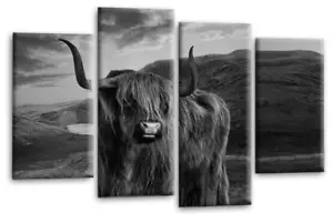 Framed Scottish Highland Wall Art Grey White Cow Split Picture Panel - Picture 1 of 5