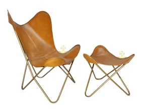 Handcrafted Tan Leather Butterfly Chair & Ottoman Scandinavian Home Garden Chair - Picture 1 of 11