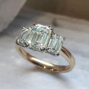 4.50Ct White Emerald Cut Cubic Zirconia 3-Stone 14K Rose Gold Over 925 SIL Ring - Picture 1 of 2