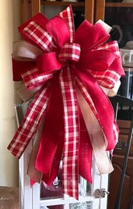 10 " x 20 " Farmhouse RED PLAID BOW for DOOR WREATH SWAG GARLAND MAIL # 150 fd - Picture 1 of 4