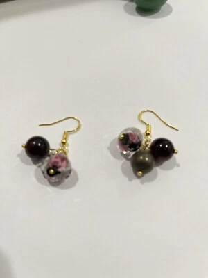 Pyrite &Red Tiger Semi precious Stone Bead Dangle Hook Earrings color gold Women - Image 1 of 4
