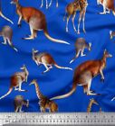 Soimoi Blue Cotton Poplin Fabric Kangaroo & Giraffe Animal Printed-gYw