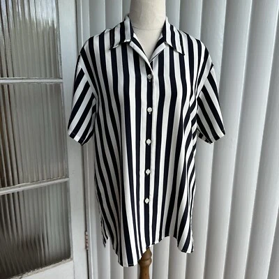 St Michael Marks & Spencer Blouse Womens 8-10 Blue White Stripe Collar Button Up - Image 1 of 4