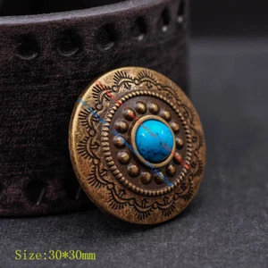 10X Antique BRASS Scalloped 3D Floral Turquoise Leathercraft Belt Conchos 1-1/8" - Picture 1 of 10