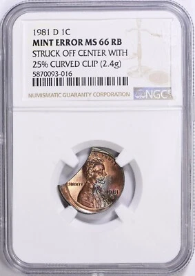 1981 D Lincoln Cent -Error - MS66 RB - Curbed Clip - Planchet Struck Off Center - Image 1 of 4
