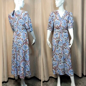 M&S Floral V-Neck PUFF SLEEVE Midaxi TEA DRESS ~ Size 12 ~ BLUE Mix (rrp £45)