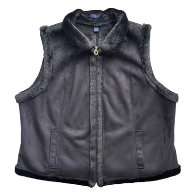 Chaps Womens Sz 2X Black Faux Suede Faux Fur Pile Gold Zip Front Sleeveless Vest - Image 1 of 4