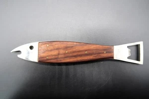 Vtg MCM Fish Shape Bottle Opener Japan Teak Wood Stainless Steel Bar Sardine - Picture 1 of 13
