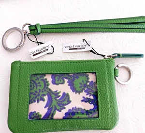 NEW Vera Bradley Zip ID Case Coin Purse Green LEATHER WITH MATCHING KEY FOB - Picture 1 of 3