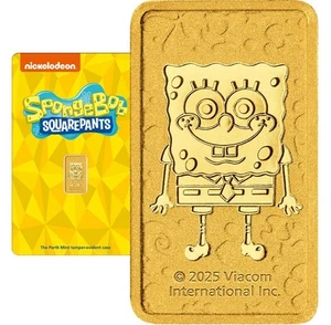 Pantalones cuadrados Bob Esponja de la Casa de la Moneda de Perth 1 g barra acuñada en oro 0,9999 (raro) - Imagen 1 de 7