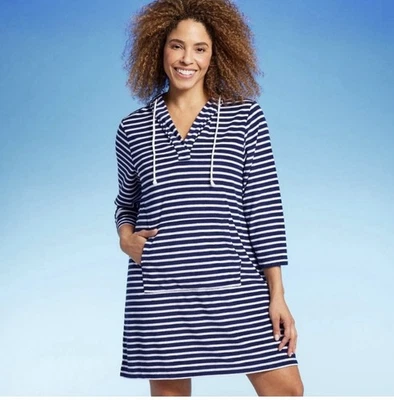 Vestido Lands' End Cuello en V Terry Capucha Natación Cubrir Rayas ~ Nuevo con Etiquetas Talla S Foto 1 de 4