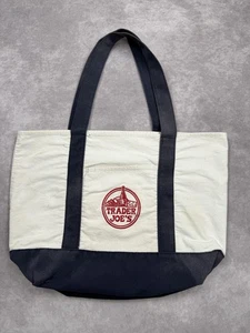 Trader Joe's Tragetasche Canvas marineblau weiß groß wiederverwendbar Lebensmittelgeschäft Einkauf Logo - Bild 1 von 24
