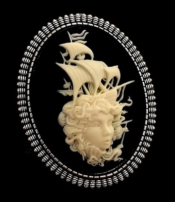 Vintage Lady Cameo Brooch Pin w/Galleon Pirate Ship, Mermaid Halloween Hat Pin - Image 1 of 4