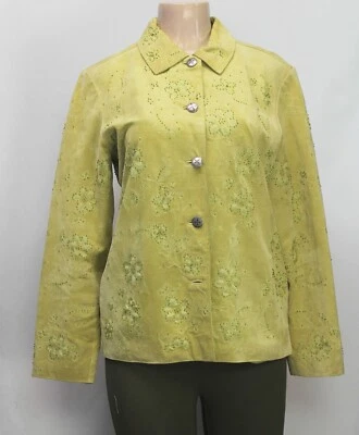 Chaqueta para mujer vintage diseño Chico's gamuza cuero bordado verde talla 1 Foto 1 de 4