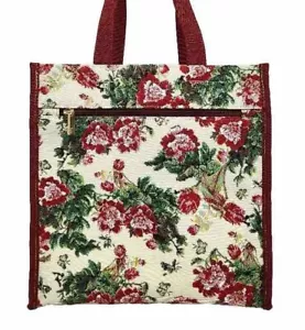 Red Peony Flower design Multi-coloured Tapestry Tote Shopper Bag Shoulder strap - Picture 1 of 4