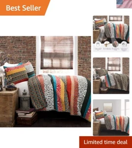 Boho Stripe Reversible Cotton Quilt 3-Piece Set, King, Turquoise & Tangerine ... - Picture 1 of 10