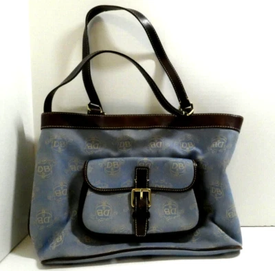 Dooney & Bourke Satchel Blue Denim DB Saddlebag Logo Handbag Leather Trim Purse - Image 1 of 4