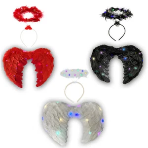 Angel Halloween Light Up Feather Wings Halo Costume Fancy Dress Adults Party - Picture 1 of 33