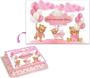 TEDDY BEAR Baby shower Girl Image Edible cake topper decoration Bear cake party - Picture 1 of 5