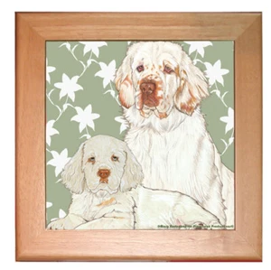 Clumber Spaniel Dog Kitchen Ceramic Trivet Framed in Pine 8" x 8" - Picture 1 of 1