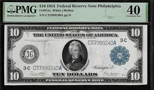 US 10 Dollars 1914 PMG 40 Fr #915a FRN Philadelphia - Picture 1 of 4