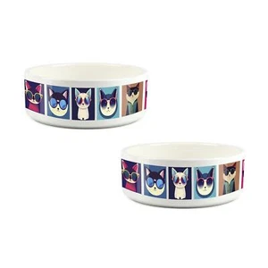 Retro Cool Katzen Haustier Napf Set - Klein Keramik Futter/Wasser Schale Geschenke für Katzen - Bild 1 von 2