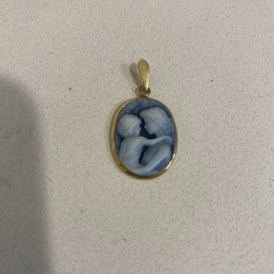 Colgante camafeo madre e hijo ágata azul oro amarillo 14K Estate vintage, 2,2 g Foto 1 de 4