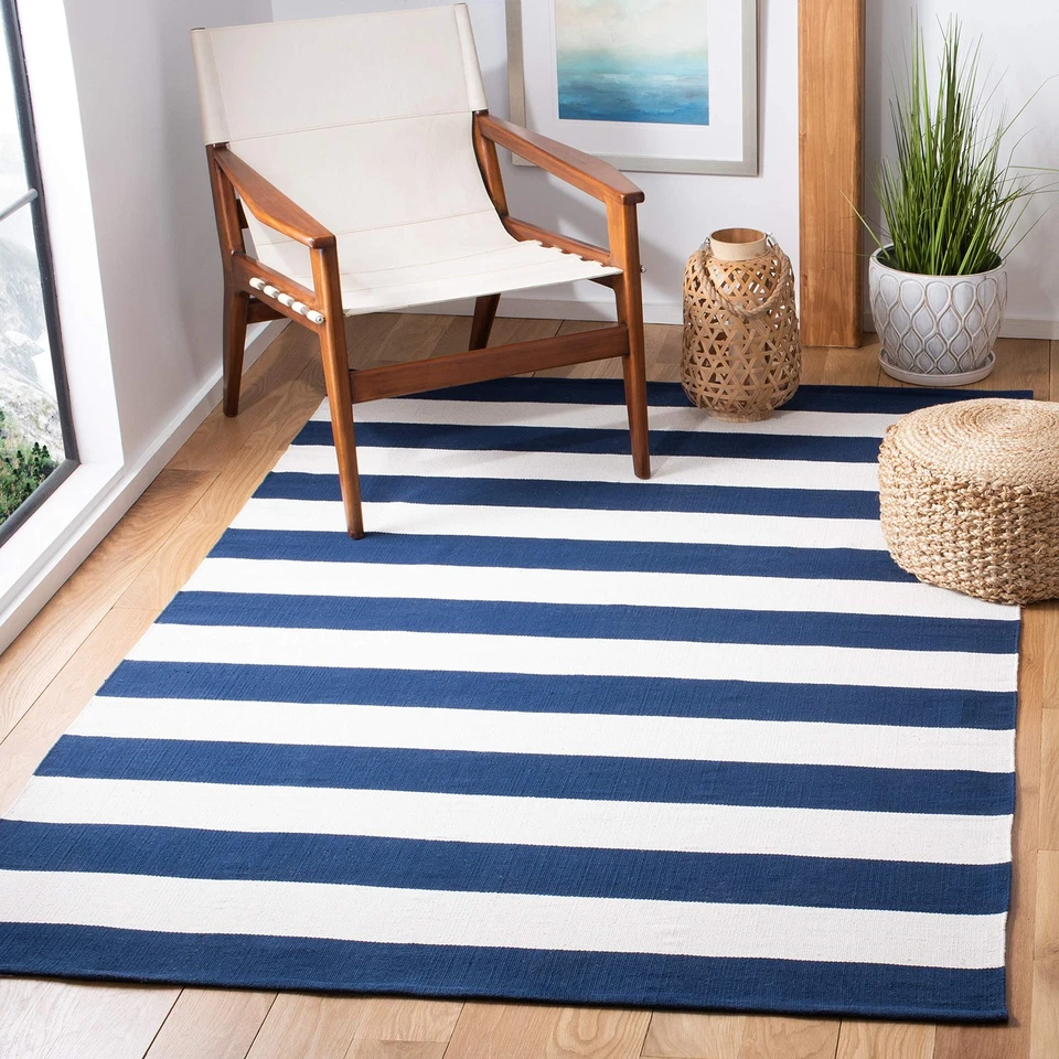 Montauk Collection Area Rug - 5' x 8', Navy & Ivory, Handmade Flatweave Cotto... - Image 1 of 4