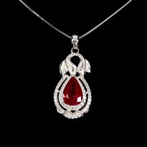 925 Sterling Silver Necklace Pear Ruby 12x8mm Natural Gemstone Jewelry 18in - Picture 1 of 13