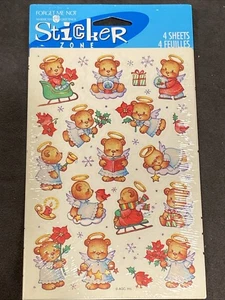 Vintage ENGEL BÄREN WEIHNACHTEN Aufkleber 4 Blatt AMERIKANISCHE GRÜSSE - Bild 1 von 2