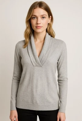 Espirit 100% Cotton Sweater Womens Size Large Gray Cowl V-Neck Long Sleeve Top - Image 1 of 4