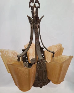 1920-1930 Art Déco 5 luci paralume antiscivolo ponti Moe - Foto 1 di 16