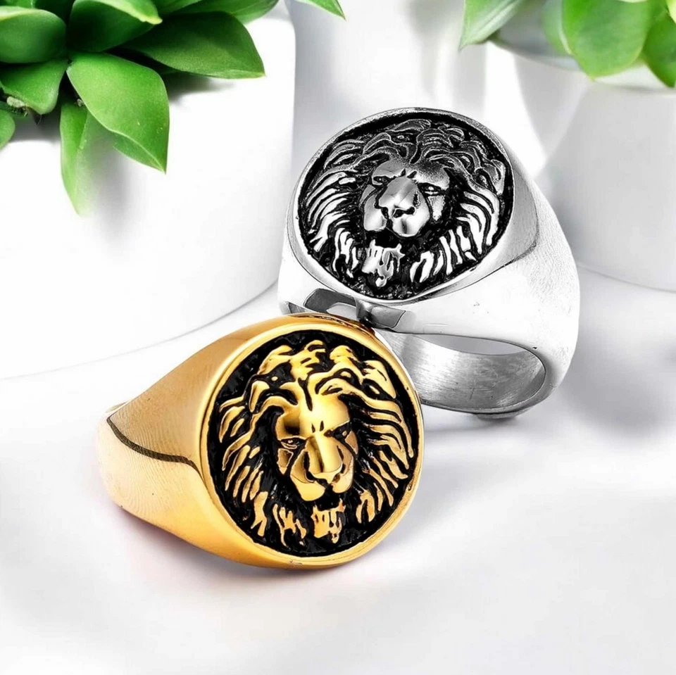 Mens 316L Stainless Steel 3D Lion Head High Polished Round Signet Ring - Image 1 of 1