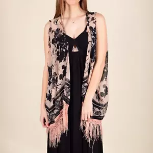Scialle/gilet vintage anni 70 rosa nero copri frange festival floreale stile boho kimono - Foto 1 di 7