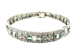 Old European Cut Lab-Created Diamonds & Green Emeralds Art Deco Tennis Bracelets - Picture 1 of 7