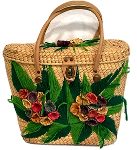 Vintage Straw Handbag Purse Floral with Yarn 13x11x4 Dual Handles Metal Hardware - Picture 1 of 10