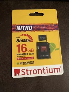 Strontium NITRO 16GB MicroSDHC Flash Card U1 Class 10 Read 85MB/s with Adaptor - Picture 1 of 3